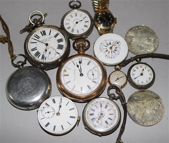 A quantity of wrist and pocket watches and two coins.